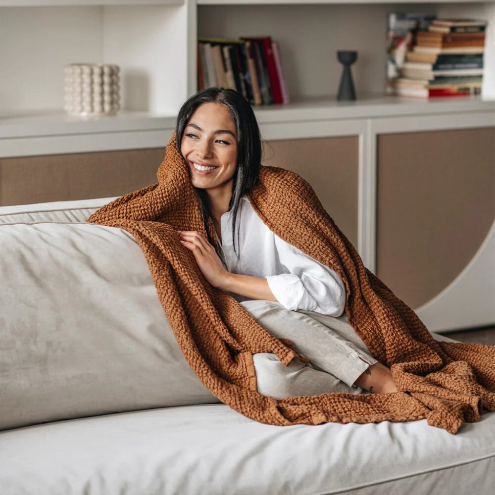 Magic Linen Cinnamon Linen Cotton Blend Waffle Throw 53" X 81"